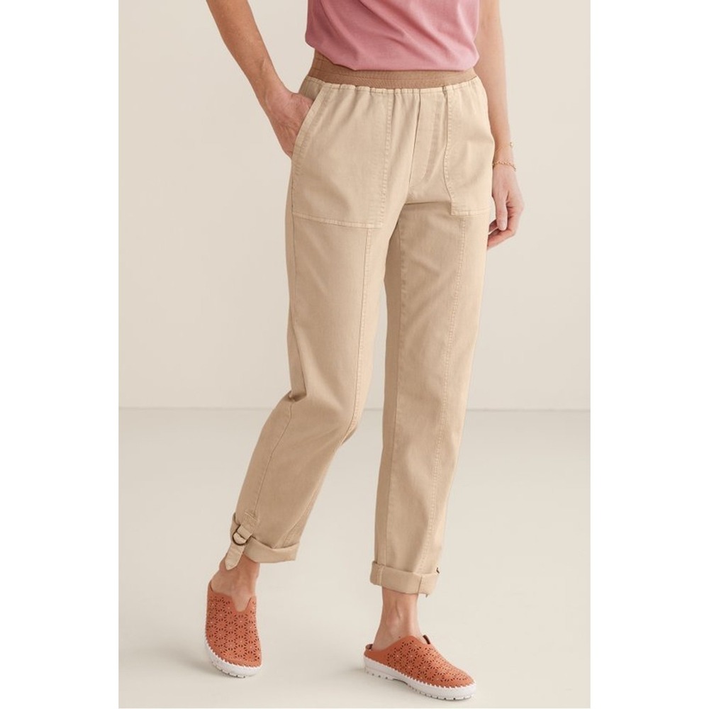 Soft Surroundings Medina Pants Womens Size M Khaki Roll Tab Cuffs 2CY73 Stretch